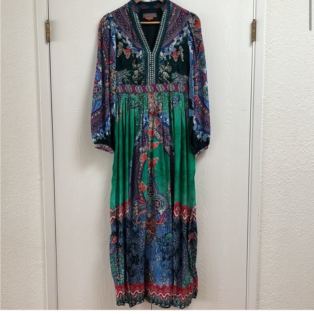 Anthropologie Green and Blue Patterned Maxi Dress